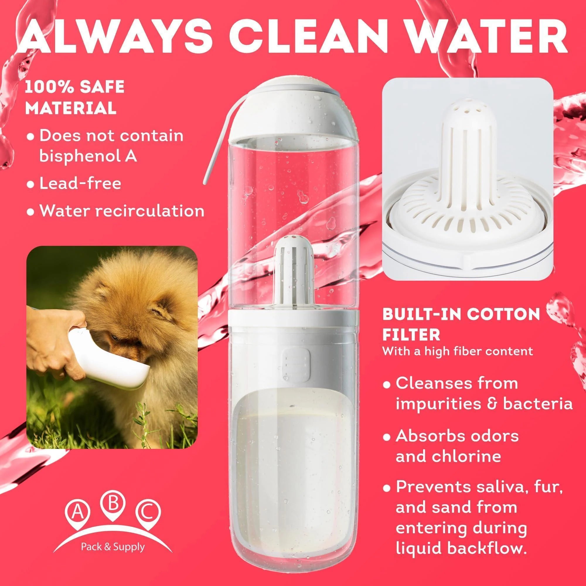 Portable Dog Water Bottle Dispenser 12 Oz Silicone Strap & Filter