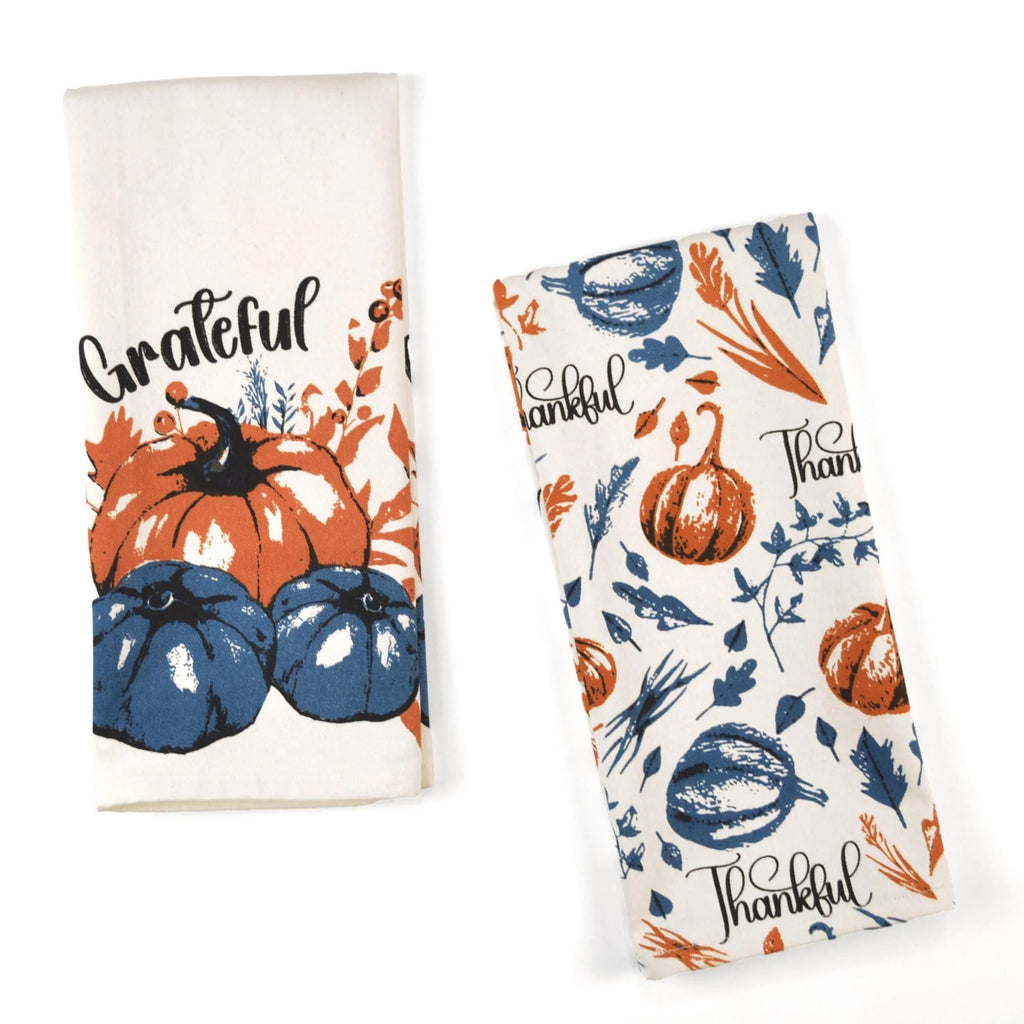 Set of 2 Thankful & Grateful Printed Dish Towels Hand Towels Boho Tea Towels Multifunctional Stylish Absorbent Quick Dry Soft 18 X28 100% Cotton Blue & Orange