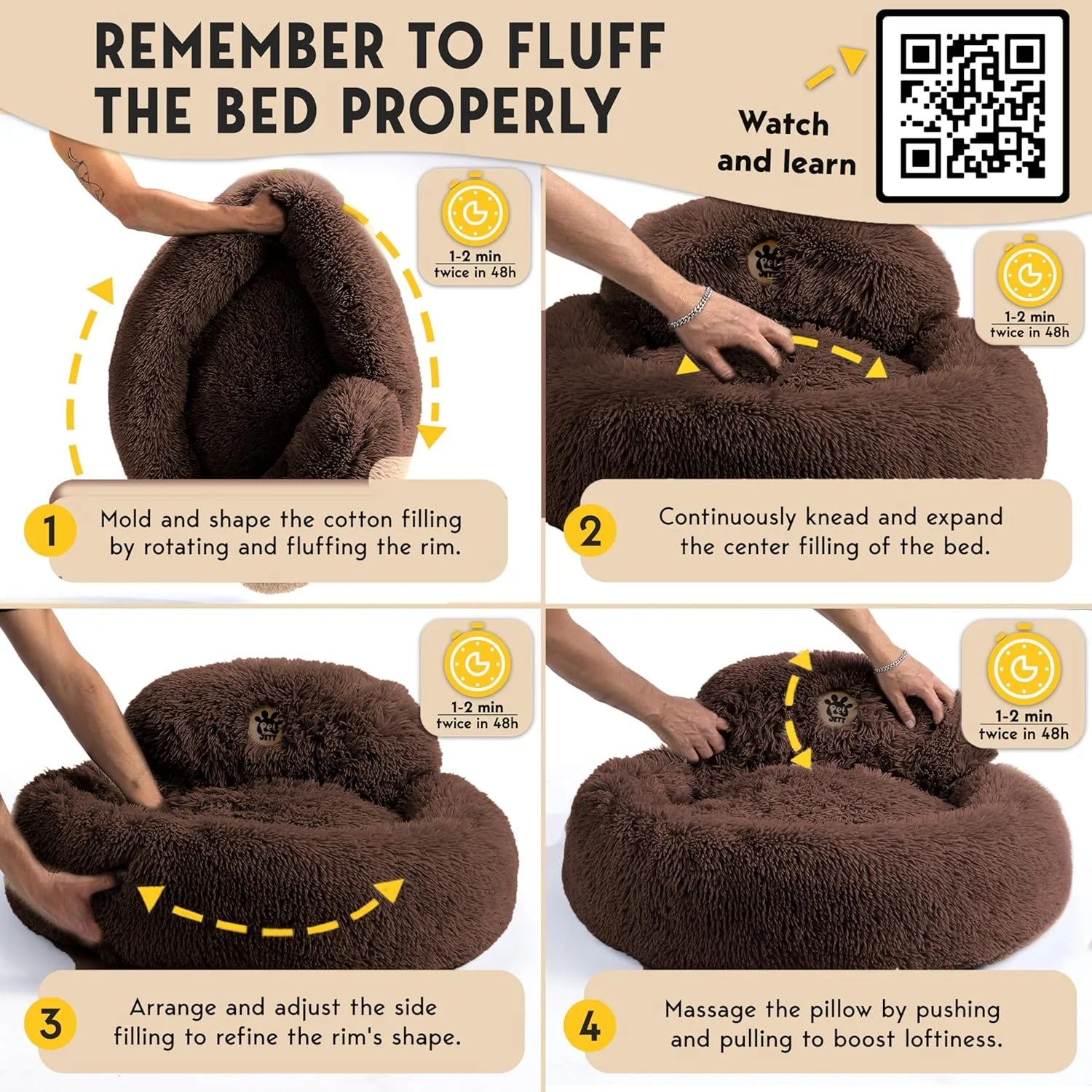 Petjett Calming Dog Bed Medium Size Dog - Donut Bed, Anti-Slip & Washable Super Soft Fluffy Plush round Bed, Anti-Anxiety Premium Comfort Pet Bed, Fits Dogs- Brown