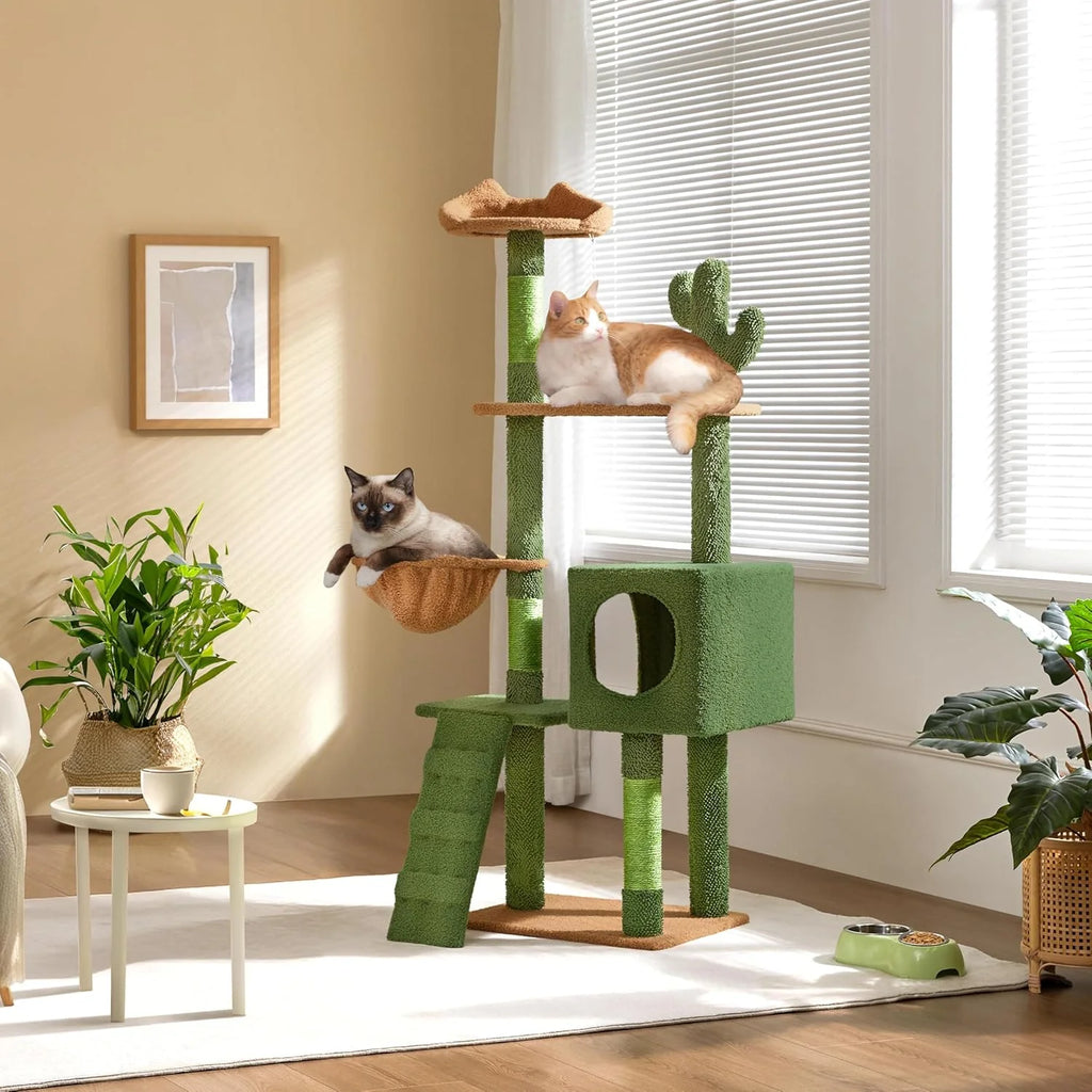 Cactus Cat Tree | 59.5In Cat Tower W/Cute Perch, Cozy Condo, Convenient Climbing Ladder | Moppy Fabric-Covered Cat House for Indoor Cats | Green/Brown