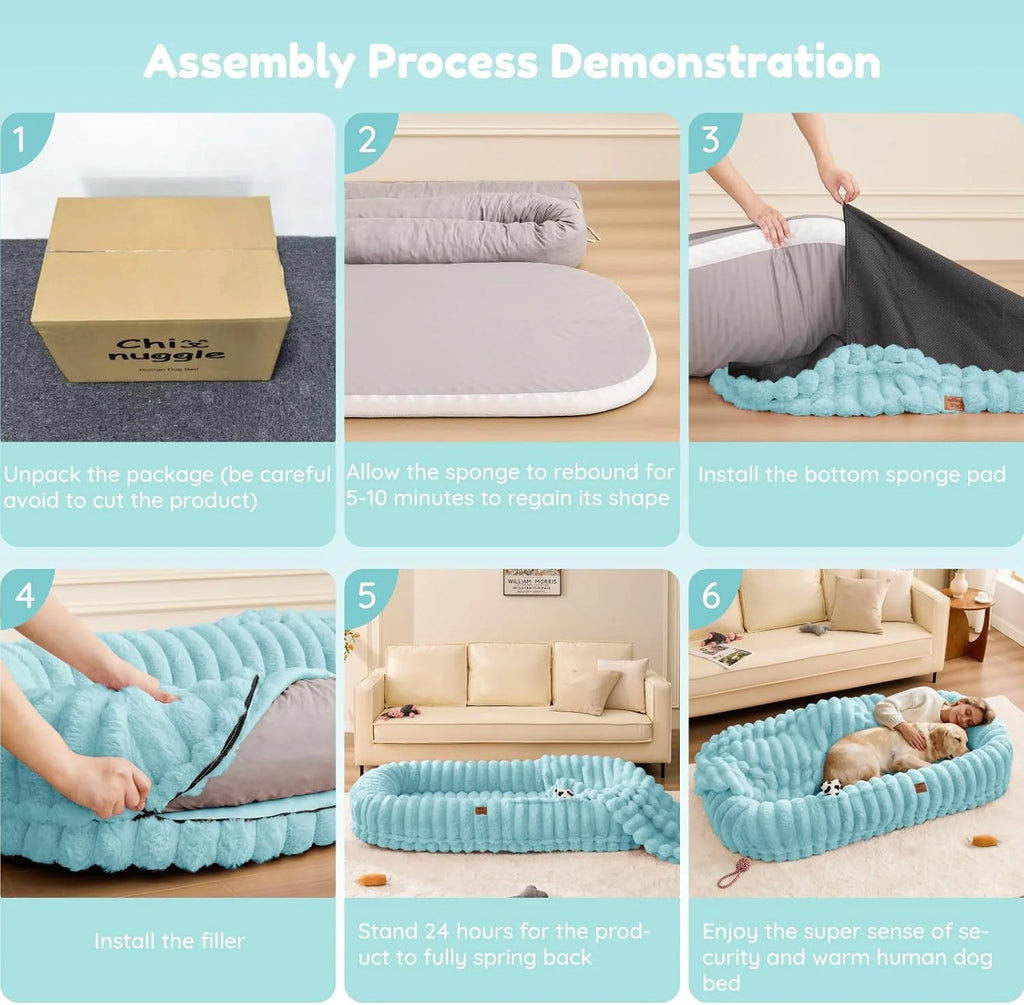 Human Dog Bed for Adult - Luxury Striped Faux Fur Giant Dog Bed with Portable Handle, Egg Orthopedic Foam Pad with Thick Blanket,Blue