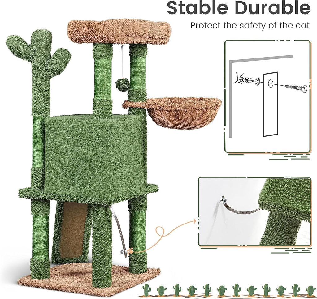 Cactus Cat Tree, 42In Cat Tower for Indoor Cats, Multi Level Kitten Condo Scratching Post, Cat Activity Center Pet Furniture W/Ball, Plush Perch, Platform, Basket