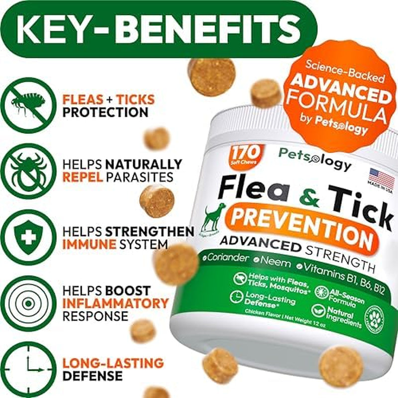 Flea and Tick Prevention for Dogs Pills - Natural Dog Flea & Tick Control - 170 Soft Chewables - Oral Defense Treatment for Dogs Supplement - Vet Formulated Chews - All Breeds & Ages - Made in USA