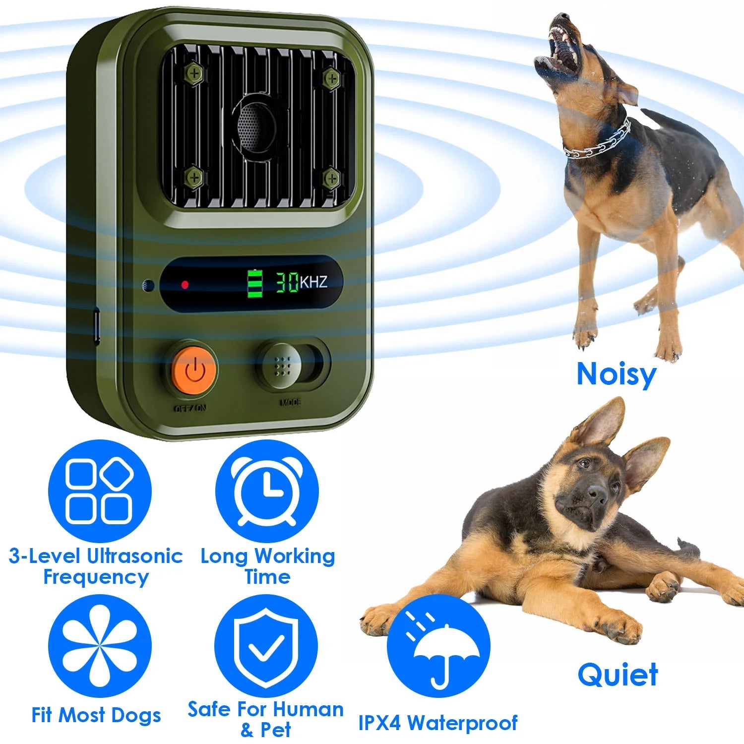 Black-Green Color Options -- 1Pc Ultrasonic Anti-Barking Device Rechargeable Auto Dog Bark Control Deterrent Box Training Device IPX4 Waterproof with 3 Frequency Max 32.8Feet Sensing Distance for Most
