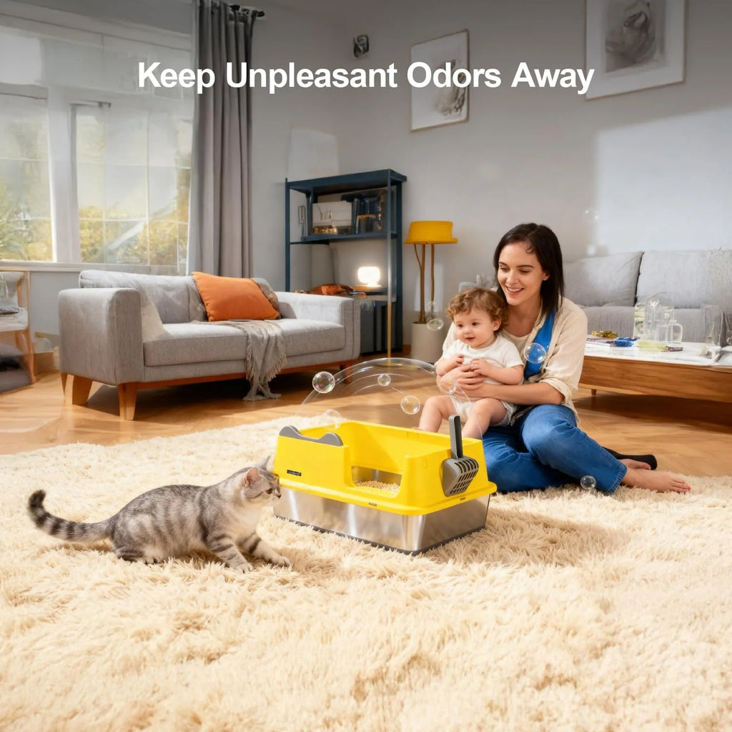 Cat Litter Box, Open Top High-Sided Metal Litter Box with Scoop, Extra Large Litter Boxes for Kitty Kitten and Big Cats, Anti-Urine Leakage, Non-Sticky, Easy to Clean (Yellow)