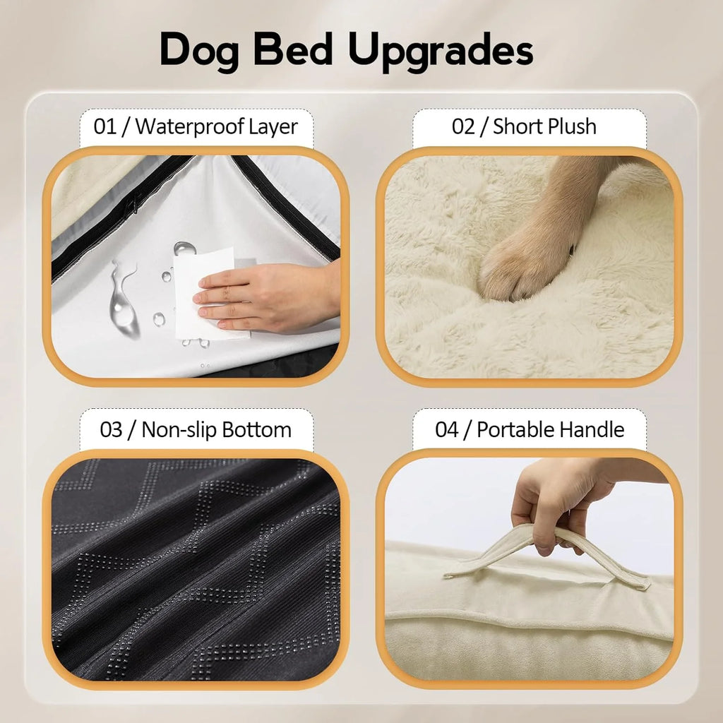 Large Dog Bed - Orthopedic Egg-Crate Memory Foam Dog Beds with Removable Washable Cover, Waterproof Pet Beds with Non-Slip Bottom, Beige