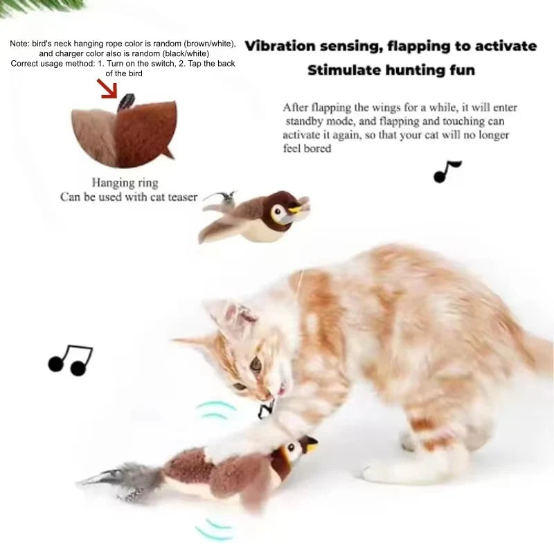 Upgraded Interactive Chirping Bird Cat Toys with Flapping Wings,No Flying Birds Cats Toy, Flying Simulation Electric Sparrow Shaking Hunting Pet Toy for Indoor-Larger
