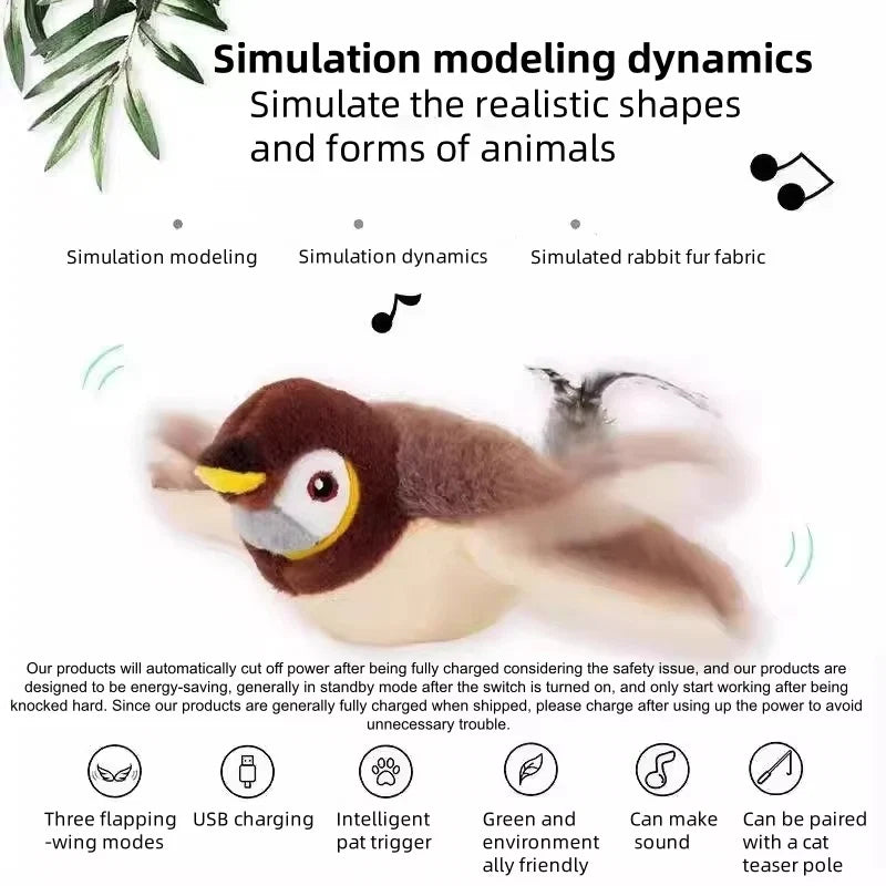 Upgraded Interactive Chirping Bird Cat Toys with Flapping Wings,No Flying Birds Cats Toy, Flying Simulation Electric Sparrow Shaking Hunting Pet Toy for Indoor-Larger