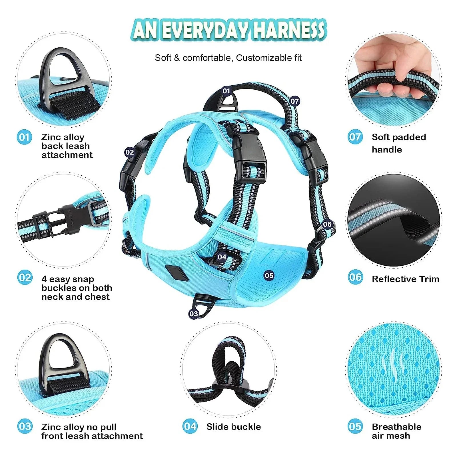 No Pull Dog Harness, Adjustable Soft Padded Pet Vest with Easy Control Handle (M)