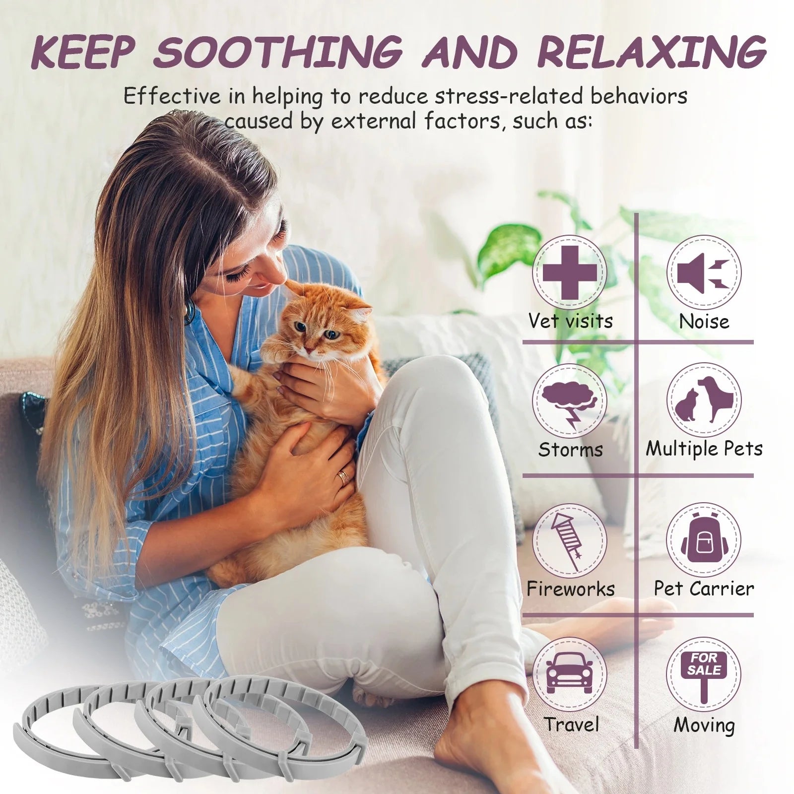 Pet Calming Collar for Cats Dogs Adjustable Anxiety Pheromone Reducing Pet Collar Lasting Natural Calm Relax Soothing Collars (4 Pcs)