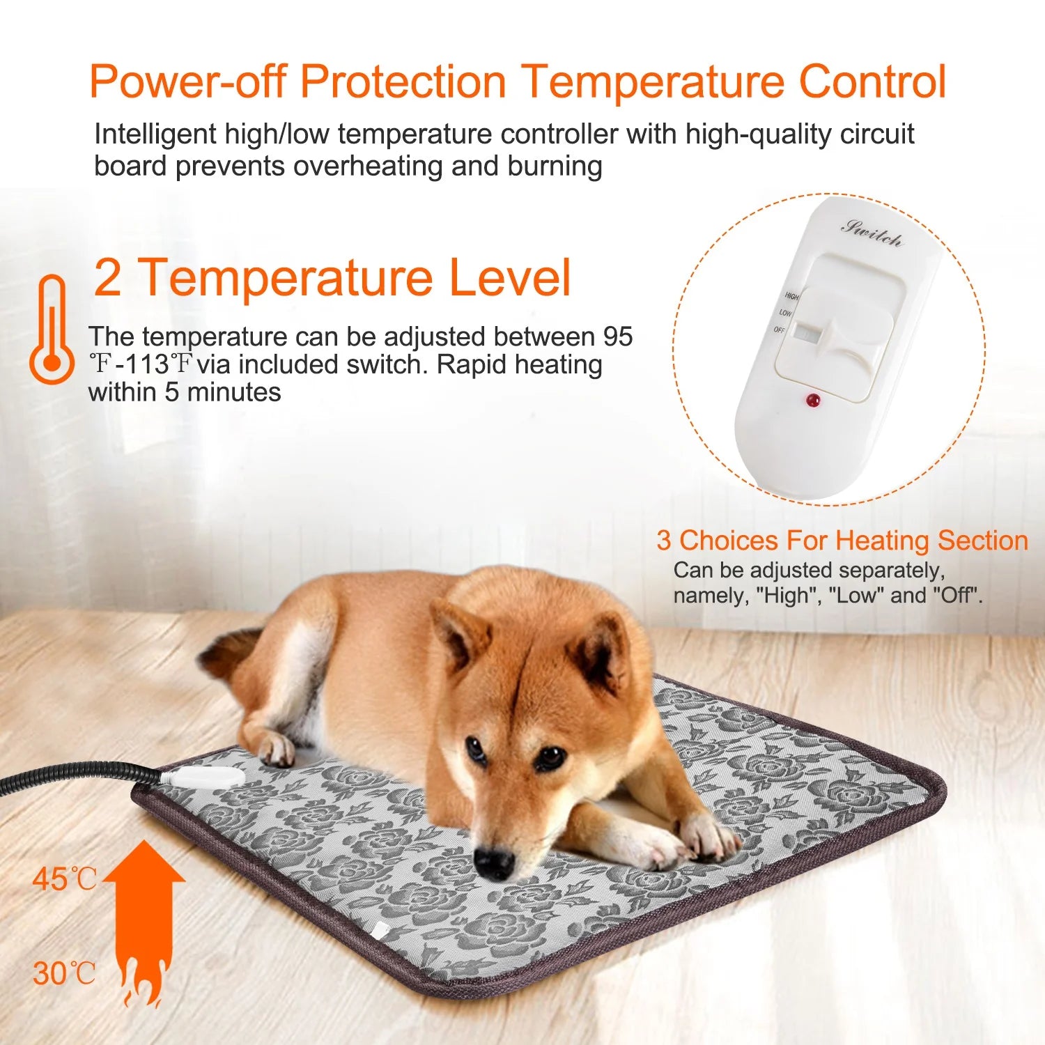1Pc Pet Heating Pad Dog Cat Electric Heating Mat Waterproof Adjustable Warming Blanket with Chew Resistant Steel Cord Case