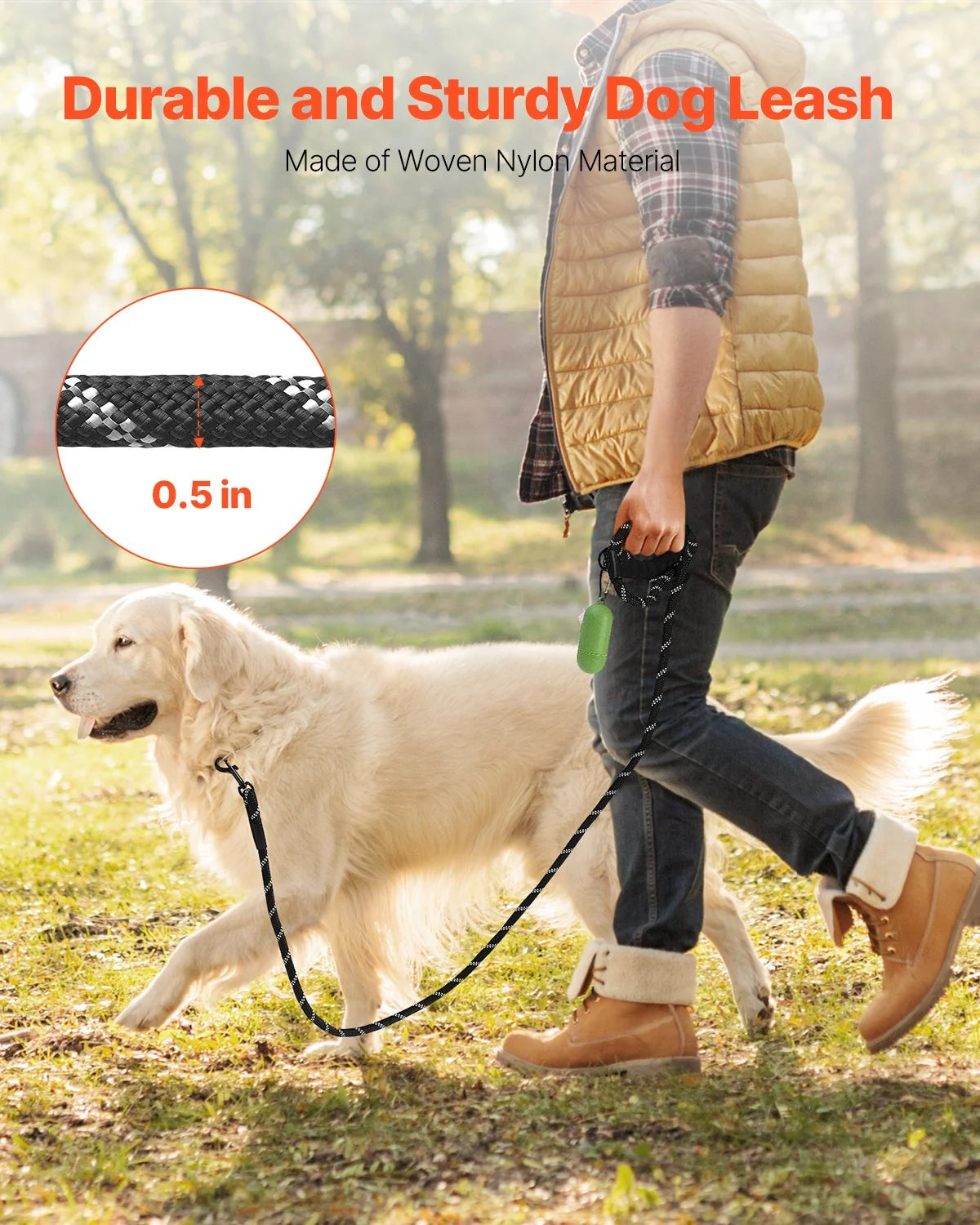 Rope Dog Leash, 6Ft Heavy Duty Dog Leash with Comfortable Padded Handle, Strong Nylon Thick Leash with Reflective Threads, Dog Walking and Training Leash, for Medium Large Dogs (1/2 In, Black)