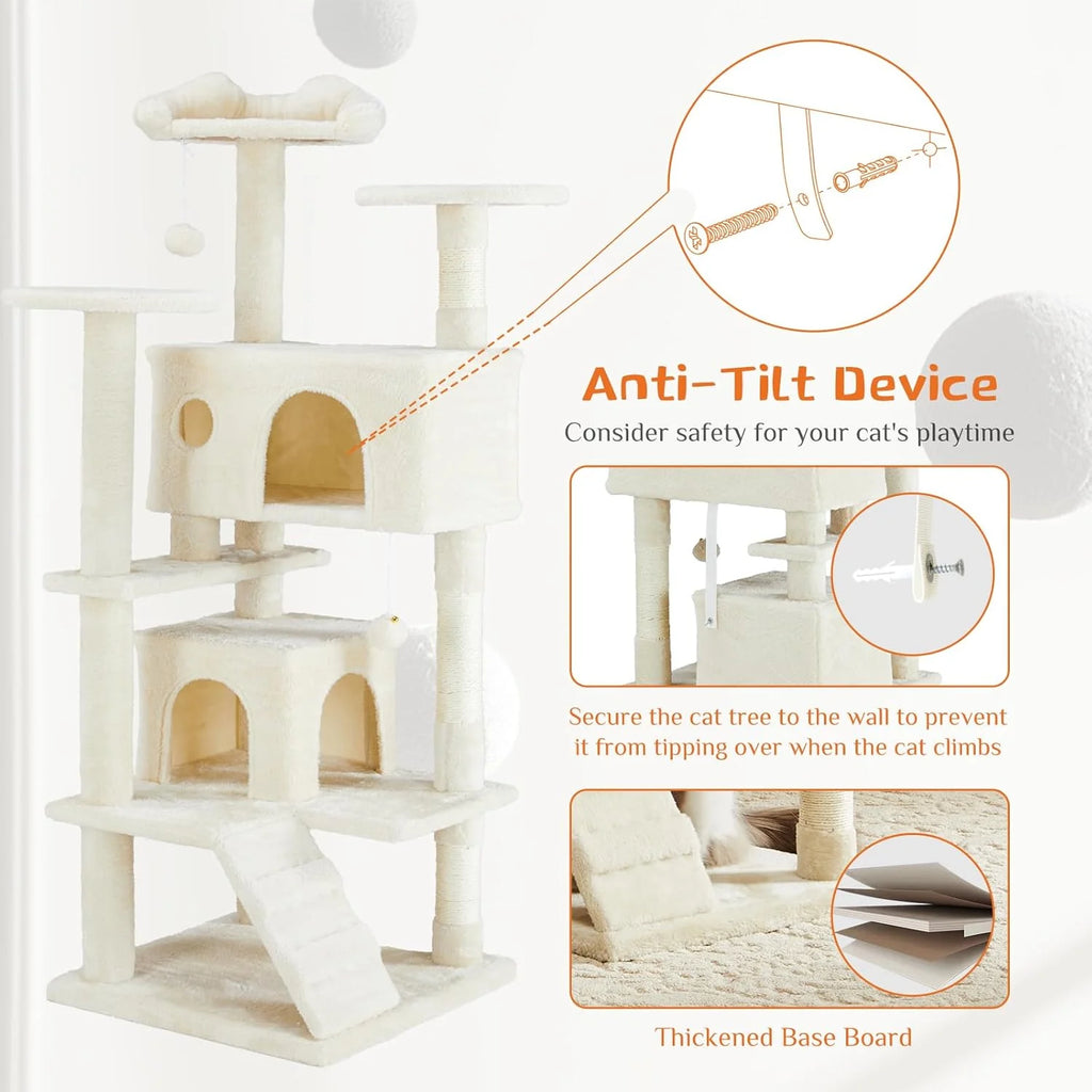 54 Inch Cat Tree Tower, Multi-Level with Cat Scratching Post, Indoor Cat Condo with Climbing Ladder, Plush Toy, Play House for Cat, Dove Beige
