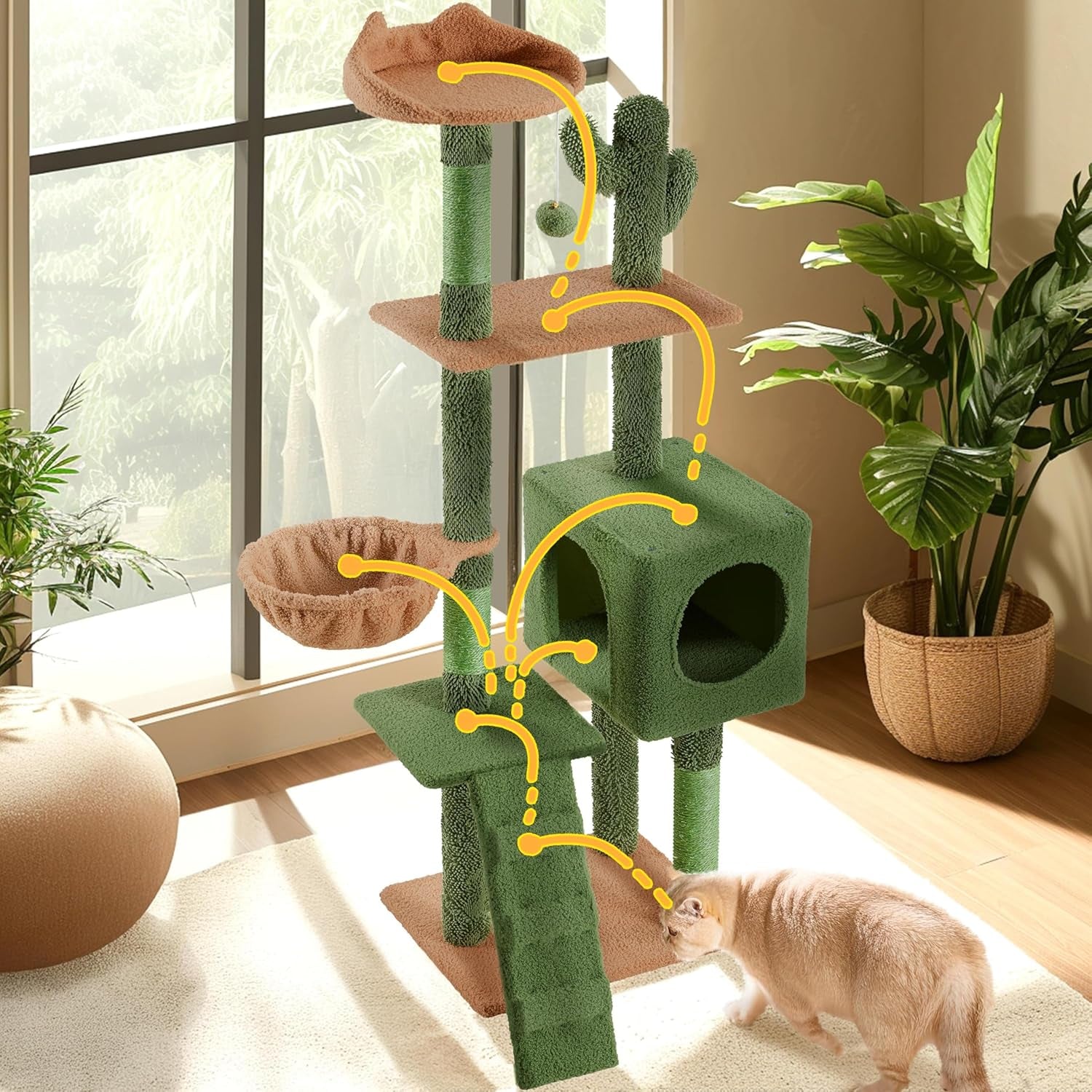Cactus Cat Tree | 59.5In Cat Tower W/Cute Perch, Cozy Condo, Convenient Climbing Ladder | Moppy Fabric-Covered Cat House for Indoor Cats | Green/Brown