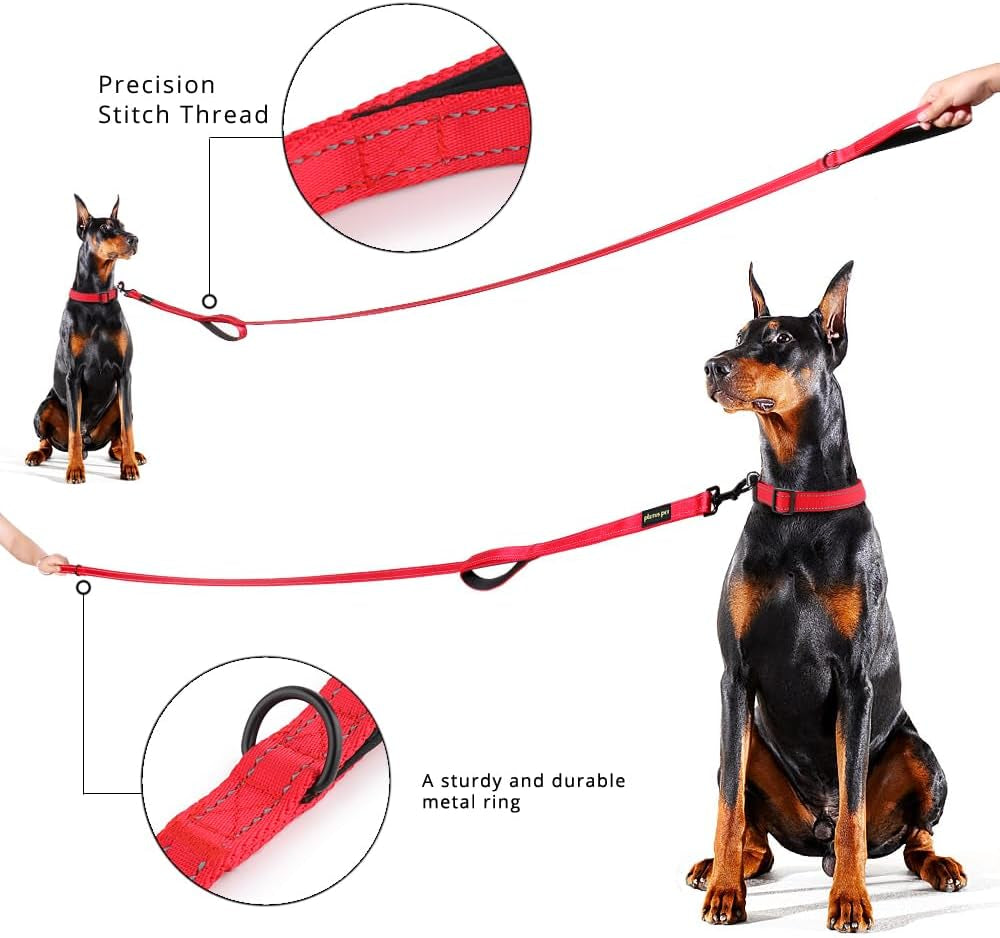 Double Handle Dog Leash, 6Ft, Padded, Heavy Duty, Reflective, Red, 2 Handle Leads