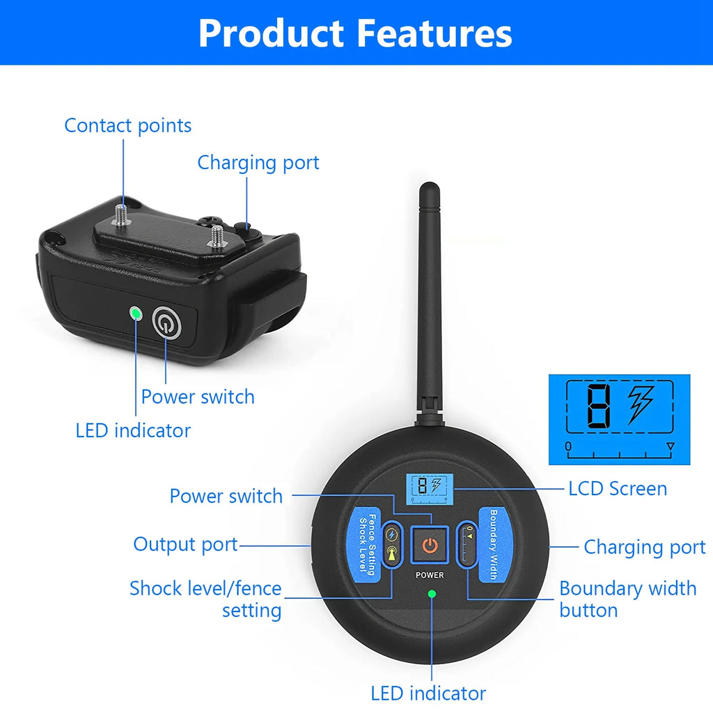 1Set Wireless Electric Dog Fence Pet Shock Boundary Containment System Electric Training Collar for Small Medium Large Dogs