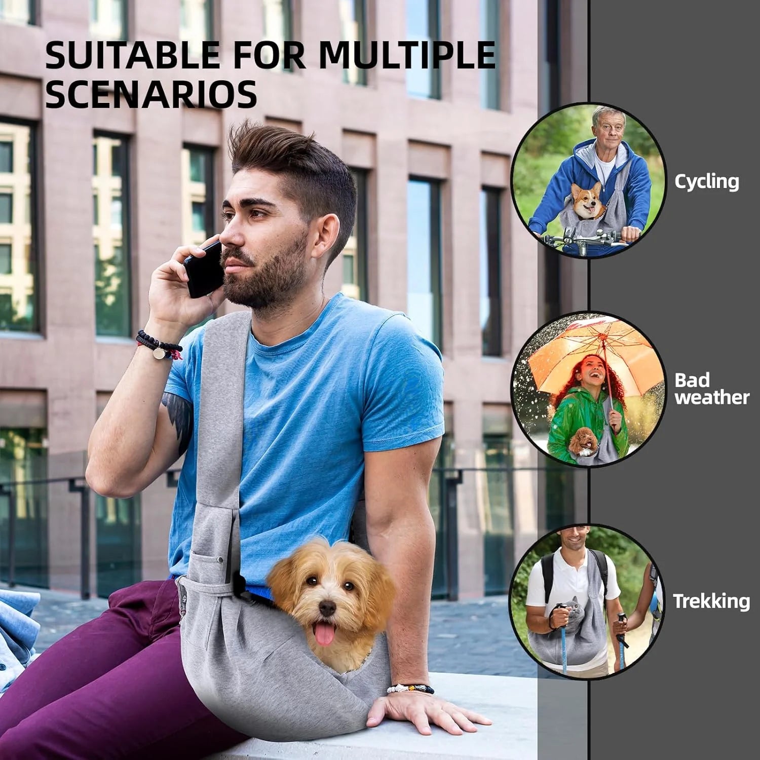 Dog Carrier Sling - Reversible Puppy Carrier Purse with Storage Pocket, Hand-Free Dog Sling Carrier for Carry Small Dogs and Cats, Travel Safety Harness, Dog and Cat Harness